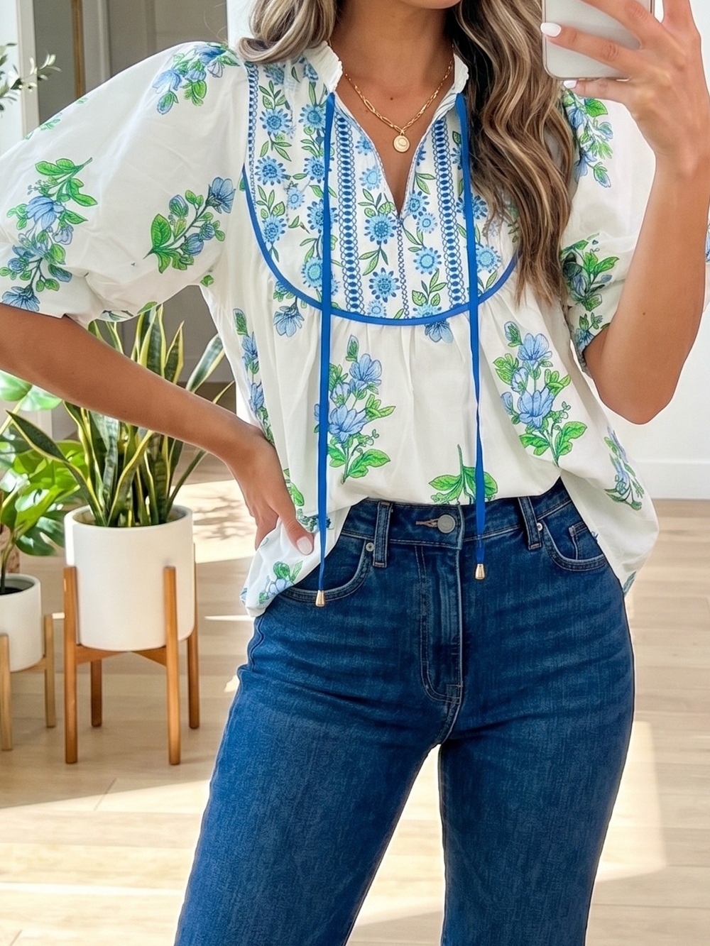 Boho Floral Peasant Blouse - White with Blue & Green Floral